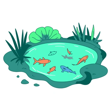 A teal pond with shimmering water reflecting the light. Beneath the surface, there are various exotic fish swimming gracefully. The fish display vibrant colors of orange and blue, contrasting beautifully against the teal water. Surrounding the pond, there are lush green plants adding a natural frame. Small ripples spread across the surface, creating a dynamic interplay between the water and the fish below.