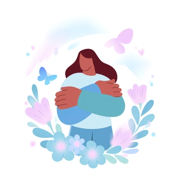 A person is standing in a field of colorful flowers, with a variety of blossoms in different shapes and sizes. The person is hugging themselves tightly, their arms wrapped around their body. Butterflies in various pastel colors are fluttering around them, creating a lively atmosphere. The flowers sway gently in the breeze, enhancing the sense of openness and freedom in the scene. The background features a gradient of soft colors that blend harmoniously, contributing to a peaceful setting.