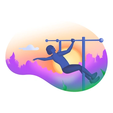 A silhouette of a person performing chest dips on a parallel bar. The figure is shown with arms extended, suggesting a strong upward motion. The background features a vibrant sunset with shades of orange, pink, and purple blending in the sky. The sun is near the horizon, casting a warm glow that outlines the silhouette. In the foreground, there are soft silhouettes of grass and distant trees, enhancing the focus on the person.
