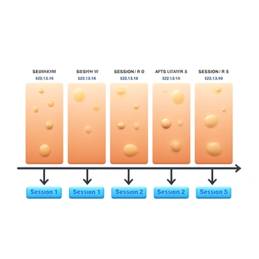 An illustrated timeline showing the progression of laser hair removal effectiveness. The timeline features several vertical segments, each representing a different session. Each segment displays a before-and-after comparison of skin areas being treated, highlighting reduced hair growth. The sessions are labeled chronologically from "Session 1" to "Session 5," with corresponding images of the treated skin. The illustration includes arrows indicating the passage of time between sessions and a consistent skin tone background for clarity.