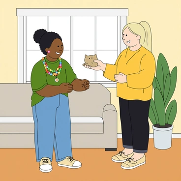 Two friends are standing in a modern living room with a light-colored sofa and a large window letting in natural light. One friend has medium skin and short curly black hair, wearing a green t-shirt and denim jeans. She is holding a colorful handmade necklace with wooden beads and a small charm. The other friend has light skin and long straight blonde hair in a ponytail, dressed in a yellow blouse and black leggings. She is exchanging the necklace for a small hand-painted ceramic figurine shaped like a cat. There are potted plants in the background, and the wooden floor adds warmth to the cozy atmosphere.