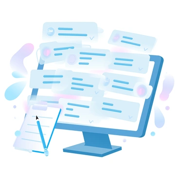 An open email inbox is filled with numerous messages, each featuring a different subject line related to "art commissions" and "project requests." The inbox view shows various icons representing attachments, indicating visual content included in the emails. Some emails are marked as unread, highlighting their importance. The interface has a clean design with a gradient pastel background, enhancing the overall appearance of the inbox. A notepad with a pencil is placed beside the computer, suggesting a workspace dedicated to organizing these requests.