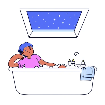 A person is relaxing in a white bathtub filled with bubbles. The bathtub is positioned beneath a skylight that reveals a night sky filled with twinkling stars, casting soft light into the room. The person has closed eyes and a peaceful expression, surrounded by a few candles placed on the edges of the bathtub. Thin, soft towels are neatly arranged nearby. The walls of the bathroom are a soothing light color, enhancing the calming atmosphere.