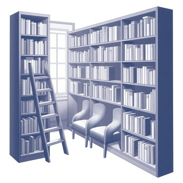 A cozy bookstore filled with dusty old books and a wooden ladder against the shelves