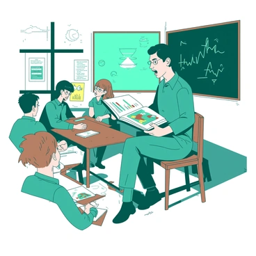 A teal teacher is sitting on a wooden chair in front of a classroom filled with students. The teacher is animatedly reading from a large book, with vibrant illustrations visible on the pages. Some students in the front row are leaning forward with wide eyes, clearly captivated by the story. In the back, a few students are doodling on their notebooks, with colorful sketches emerging from their pens. The classroom walls are adorned with educational posters and a chalkboard filled with notes, creating a lively learning environment.