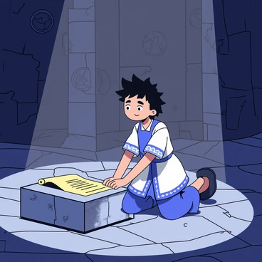 A young anime hero with spiky black hair and a determined expression is kneeling on the stone floor of a dimly lit temple. He is wearing a blue and white tunic with intricate patterns. In front of him, there is an ancient scroll, partially unrolled, resting on a pedestal covered in dust. The walls of the temple are adorned with faded, mystical symbols. Shafts of light filter through cracks in the stone ceiling, illuminating the scroll and highlighting the hero's focused gaze.