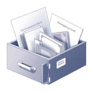 A safety deposit box with a metallic finish is positioned in an open setting. The box has a keyhole prominently displayed, and the lid is slightly ajar. Inside the box, stacks of cash are neatly arranged alongside several important documents, such as a passport and a certificate. The documents are visible, with clear text on each, and the label "Emergency Fund" is affixed to the inside lid of the box. The overall composition emphasizes organization and security.