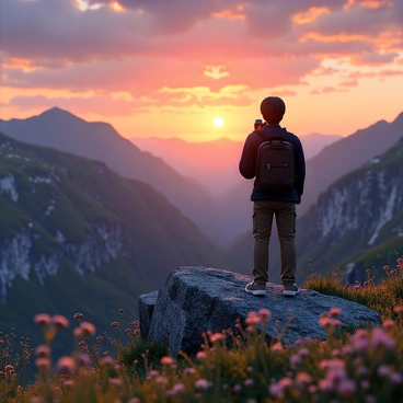 A photographer with short brown hair, wearing a dark jacket and carrying a camera, stands on a rocky outcrop. The camera is aimed towards the horizon where a vibrant sunset unfolds. The sky is filled with shades of orange, pink, and purple as the sun sinks behind the rugged mountain peaks. The mountains are covered with patches of green and gray, with some rocky surfaces catching the light. In the foreground, wildflowers and grass sway gently in the breeze, adding color and texture to the scene. The photographer appears focused and immersed in capturing the beauty of the moment.