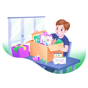 A modern pastel illustration depicting a client sitting at a table, surrounded by colorful illustrated goods. The client, a young adult with short brown hair, is opening a large box with a look of excitement on their face. Inside the box, there are various illustrated products, such as a vibrant notebook, a set of colorful pens, and a beautifully designed calendar. The table is scattered with colorful wrapping paper and a small card that says "Thank You!" in whimsical lettering. Sunlight streams in from a nearby window, highlighting the joyful atmosphere.