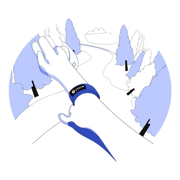 A fitness tracker is worn on a wrist, showcasing a digital display that indicates "heart rate" and "steps." The wrist is slightly tilted, allowing a clear view of the screen. The background features a running trail surrounded by leafy trees, with the ground slightly uneven. In the distance, an open sky is visible, hinting at a sunny day. The person's arm is in motion, suggesting an active running pace, while the fingers of the hand lightly grip the wrist.