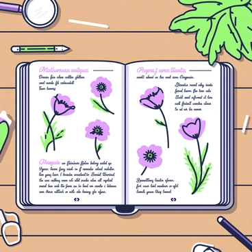 An open botanical illustration book is displayed on a wooden table. The pages are filled with detailed sketches of poppies, showcasing their delicate petals and distinct shapes. Each illustration is accompanied by handwritten notes in the margins, describing the characteristics and variations of the poppy species. The background includes a few scattered botanical tools, such as a magnifying glass and a pencil, enhancing the scholarly atmosphere. Natural light filters in, casting soft shadows on the pages of the book.
