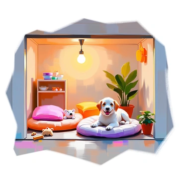 A cozy corner of a garage transformed into a pet-friendly area, featuring plush pet beds in various colors arranged on the floor. Several soft toys are scattered around, including a squeaky bone and a stuffed mouse. A small shelf holds pet supplies such as bowls and treats, while a warm light bulb illuminates the space, creating a welcoming ambiance. The walls are adorned with pet-themed decorations, and a few potted plants add a touch of greenery to the area. A cheerful dog is lounging comfortably on one of the beds, surrounded by its toys.