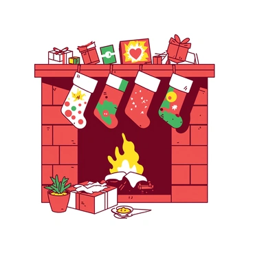 A red brick fireplace is set into a wooden wall, exuding warmth and coziness. Above the mantle, there are several colorful stockings hanging, each with unique patterns, and they are filled with small gifts. Scattered among the stockings are Boxing Day cards displayed in an array of vibrant designs. The fireplace itself has a glowing fire, casting flickering shadows and illuminating the scene. There is a small potted green plant placed on one end of the mantle, adding a touch of nature to the festive decorations.