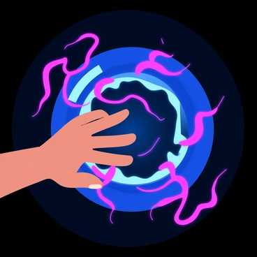 A plasma ball with vibrant, swirling electric tendrils in shades of blue, purple, and pink. The tendrils extend outward, seemingly reaching towards a hand that is gently touching the glass surface of the ball. The hand is depicted with fingers slightly splayed, showcasing the interaction between the energy of the plasma and the touch. The background is dark to enhance the brightness of the electric tendrils.