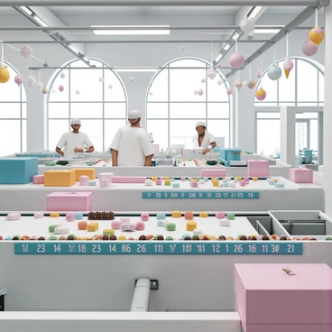 Inside a candy factory where each conveyor belt section is labeled with advent days