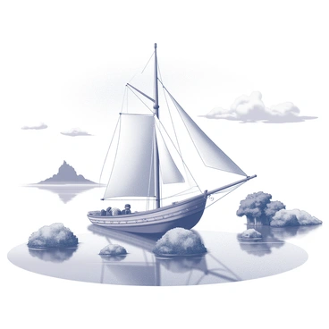 A sail barge with billowing sails gliding smoothly across a tranquil water surface. The hull of the barge is detailed with ropes and nautical decorations. Surrounding the barge, there are several floating islands of various sizes, each with unique shapes and textures. Some islands are tufted with dense greenery, while others are rocky and barren. The sky above is vast, dotted with wispy clouds, enhancing the surreal atmosphere. The water reflects the islands and the barge, creating a harmonious composition.