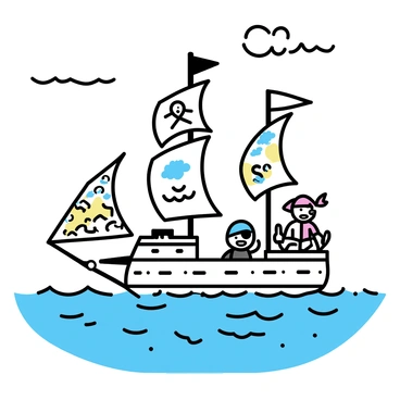 A crew of pirates sailing a ship made entirely of illustrated pages