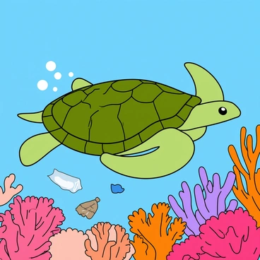 A large sea turtle with a textured green shell is gracefully swimming through clear blue water. The turtle has bright, expressive eyes and flippers that are in motion. Surrounding the turtle is a vibrant coral reef filled with various shades of pink, orange, and purple corals. The corals are shaped like branches and fans, creating a lively underwater scene. Nearby, several pieces of plastic waste, including a transparent bag and a bottle, float aimlessly in the water, contrasting with the natural beauty of the coral. Bubbles rise from the turtle as it moves, enhancing the dynamic feel of the underwater illustration.