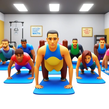 Several people in a community gym, each performing "diamond push-ups" on exercise mats. The individuals exhibit "determination" on their faces, with sweat glistening on their foreheads. A diverse group includes men and women of various ages and fitness levels. The gym is equipped with "weights" and "exercise bands," and the walls are decorated with motivational posters. Bright overhead lights illuminate the space, casting "shadows" as the people focus on their workouts. Each person maintains their form, showcasing "strength" and "dedication" in their movements.