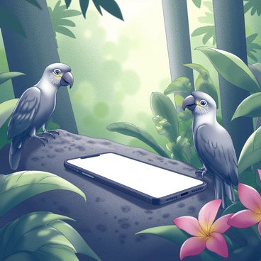 An iPhone lying on a bed of rich, dark soil within a dense tropical rainforest. The forest is filled with tall, lush green trees, their leaves creating a thick canopy overhead. Exotic birds with intricate feather patterns and varying shapes are perched on nearby branches, some curiously looking at the phone. The vibrant foliage surrounds the phone, with large, broad leaves and colorful flowers providing a natural frame for the scene. Sunlight filters through the leaves, casting dappled shadows on the ground around the phone.