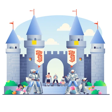 A large medieval castle with high stone walls and tall towers is set against a clear blue sky. The castle is populated by various robots. Robotic knights in shining metal armor stand guard at the entrance, their visors closed and weapons ready at their sides. The knights' armor is intricately designed, featuring glowing blue accents. In the courtyard, robotic servants are busy attending to various tasks; some are polishing shields, while others are arranging flowers in stone pots. There are banners with robotic insignia hanging from the castle's towers, displaying intricate patterns. The drawbridge is lowered, revealing a cobblestone path leading to the castle gates. Green shrubs and flowers are planted around the castle, adding vibrant colors to the scene.
