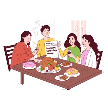 A group of four individuals is gathered around a wooden dining table, enjoying a meal together. The table is set with plates of steaming food, including a roasted chicken and colorful vegetables. On one end, a student is seated with a look of pride, holding a document that reads "Scholarship Award" in bold letters. Around the table, family members are smiling and raising their glasses in a toast, celebrating the achievement. The background includes a soft light illuminating the room, highlighting the joyful atmosphere of the gathering.