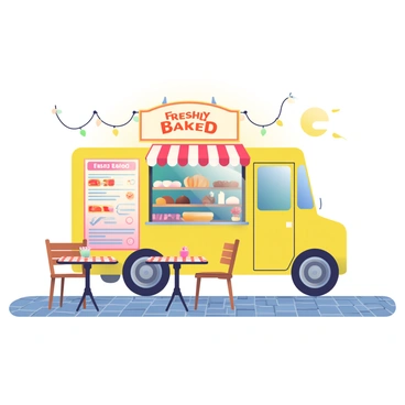 A bakery truck with a bright yellow exterior is parked on a cobblestone street. The side of the truck has a large, colorful menu board showcasing various baked goods. There are two small round tables with checkered tablecloths placed outside, each with two wooden chairs. On the tables, there are small vases with fresh flowers. The truck's window is open, revealing a display of pastries, breads, and muffins neatly arranged on shelves. A warm, inviting sign that says "Freshly Baked" hangs above the window. Lights strung along the awning create a cozy atmosphere in the late afternoon sun.