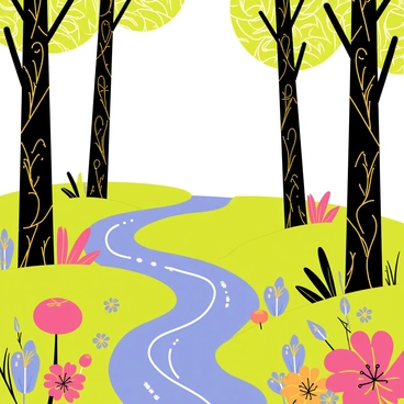 A fantasy forest with tall, slender trees featuring intricate "golden swirls" and "vibrant geometric shapes" on their bark. The foliage consists of "colorful leaves" with "detailed patterns" of dots and lines. Below, a carpet of "lush green grass" is interspersed with "whimsical flowers" displaying "bright, ornate designs." A gentle stream flows through the scene, reflecting the "ornate patterns" from the trees above. The overall atmosphere is filled with "vivid colors" and "playful shapes" throughout the forest landscape.