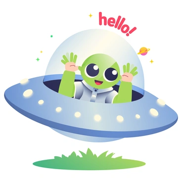 A 3D cartoon alien character with green skin and large, expressive eyes is waving "hello" from the entrance of a futuristic flying saucer. The alien has three fingers on each hand and is wearing a shiny silver jumpsuit. The saucer is hovering above a grassy field, with its smoothly curved metallic surface reflecting the sunlight. Bright lights are encircling the rim of the saucer, and there are small, colorful planets and stars visible in the sky above. The scene captures a cheerful moment filled with a sense of adventure and curiosity.