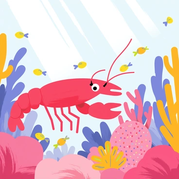A bright red crawfish is navigating through a vibrant coral reef. The coral is a mix of pink, orange, and purple hues, creating a lively underwater setting. Various schools of small, colorful fish are swimming around the crawfish, displaying shades of yellow, blue, and green. Sunlight filters down through the water, illuminating the scene with a shimmering effect. The crawfish is curiously examining a patch of coral covered in tiny sea anemones.