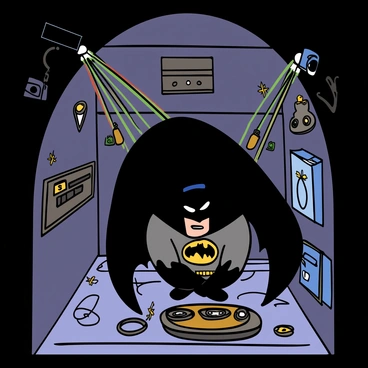 Batman is crouched low, blending into the shadows of a dimly lit villain's lair. He is wearing his iconic dark suit with a flowing cape and a bat emblem prominently displayed on his chest. The lair is filled with various traps, such as laser beams crossing the entrance and concealed snares hidden beneath the floor. High-tech gadgets are scattered around, including surveillance cameras and intricate security panels. Batman's intense expression reflects his focus as he carefully navigates through the room, avoiding detection while assessing his surroundings.