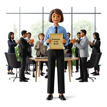 An office worker with short brown hair, wearing a blue dress shirt and black pants, stands at the front of a modern office. The worker is smiling widely while holding a shiny gold plaque that reads "Employee of the Month." Around them, several colleagues of diverse backgrounds are clapping enthusiastically. Some colleagues are wearing business casual attire, including blouses and slacks, while others are in suits. The office has large windows that let in natural light, and there are potted plants in the background.