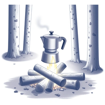 A rustic coffee maker is placed over a crackling campfire. The coffee maker is made of metal, showcasing an aged finish with visible wear and tear. Surrounding the campfire, there are logs arranged in a circle, some charred from previous fires. The background features tall trees with thick trunks and scattered leaves on the forest floor. The soft glow from the flames casts flickering shadows, highlighting the texture of the tree bark and the ruggedness of the coffee maker. Smoke rises gently towards the canopy above, blending with the natural scenery.
