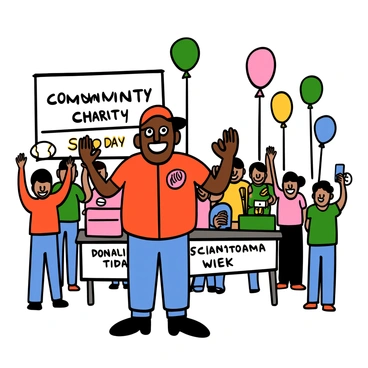 A light-skinned man with big eyes and dark hair, wearing a red baseball jersey and blue jeans, is standing in front of a crowd at a community charity event. He is smiling and holding a baseball in one hand while gesturing with the other. In the background, there are banners that read "Community Charity Day" and people of various ages, some waving and others taking pictures. A table with sports equipment and a donation box is set up nearby, and multiple colorful balloons are floating in the air, adding a festive atmosphere to the scene.