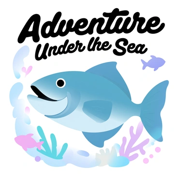 A cartoonish barramundi is swimming in a vibrant underwater scene. The barramundi has exaggerated features and a large, playful grin. Surrounding the fish are various colorful coral formations and lively sea plants that sway gently in the water. Brightly colored fish of different shapes and sizes are swimming alongside the barramundi, creating a lively atmosphere. Above the underwater scene, the words "Adventure Under the Sea" are prominently displayed in a fun, whimsical font.