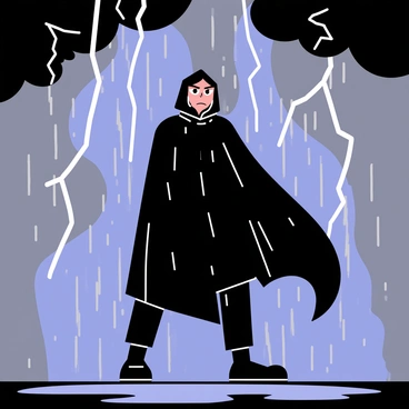 A figure standing firmly in the middle of a thunderstorm. The figure is wearing a dark cloak that billows in the wind. Bright, jagged lightning bolts are striking around them, illuminating the scene with flashes of light. The sky is filled with dark, ominous clouds swirling with gray and blue tones. Rain is pouring down in heavy sheets, creating puddles on the ground. The figure's expression is fierce and determined, emphasizing a sense of anger amidst the chaos.
