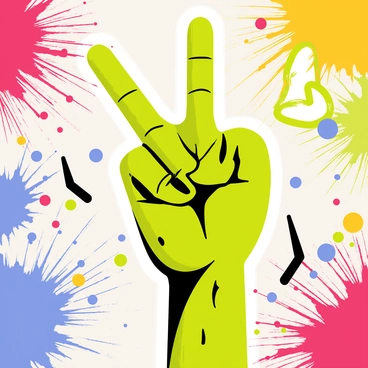 A green zombie hand with decaying skin and protruding bones is making a peace sign. The background features a colorful graffiti wall, with vibrant splashes of red, blue, yellow, and green paint. The graffiti includes abstract designs and intricate lettering, adding to the urban atmosphere. The composition highlights the contrast between the eerie hand and the lively, artistic wall.