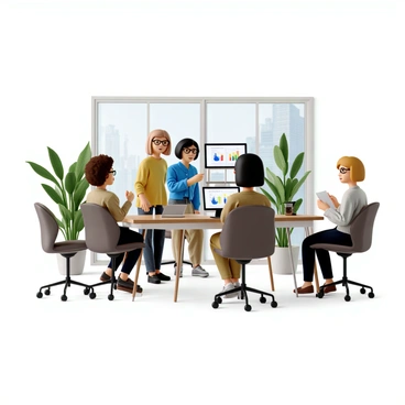 A diverse team of women working together in a modern office space. One woman has curly brown hair and glasses, seated at a desk with a laptop open in front of her. Another woman, with straight black hair and a bright blue blouse, is standing next to her, pointing at data displayed on a computer screen. A third woman, with short blonde hair, is sitting on a swivel chair, taking notes on a notepad. The office features large windows allowing natural light to flood the room, and there are several plants in the background. The screens show colorful graphs and charts related to data analysis.