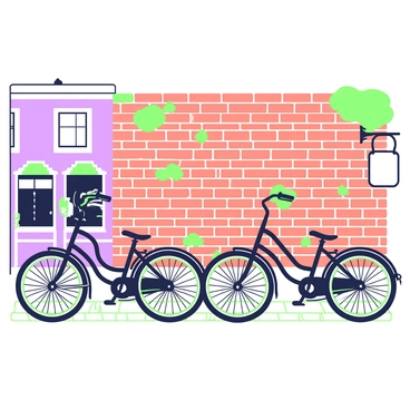 A line of vintage bicycles is parked in front of an old brick wall. The bicycles feature intricate designs, with curved handlebars and leather seats. The wall is composed of weathered red bricks, showing signs of age with patches of moss and creeping vines. To the right of the bicycles, there is a small wooden sign hanging from a wrought-iron bracket. The scene captures the charm of a quaint town, with cobblestone paving visible beneath the bicycles. In the background, a glimpse of a café with an outdoor seating area can be seen to enhance the atmosphere.