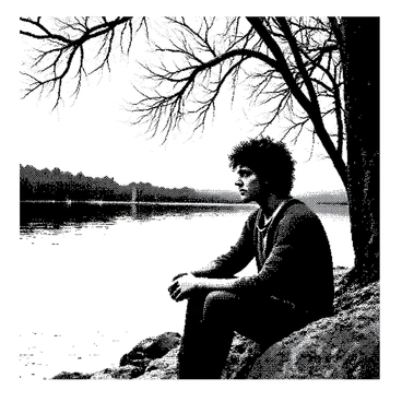 A survivor is sitting on a rocky shore next to a calm lake. They have tousled hair and wear weathered clothing that suggests a long journey. Their expression is contemplative, with a distant look in their eyes as if lost in thought. The surface of the lake is smooth, mirroring the surrounding landscape. Trees with intricate branches and leaves form a natural backdrop, creating a sense of isolation and tranquility. The survivor's posture is relaxed, with hands resting on their knees, and the setting captures a moment of deep reflection.