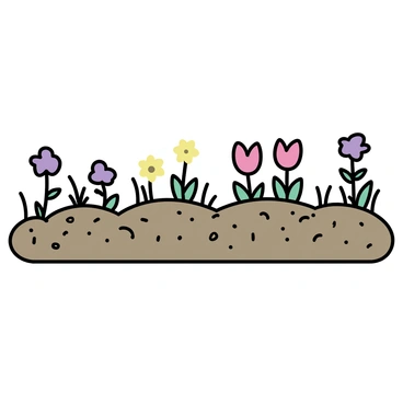 A patch of bare soil, with small stones and clumps of grass visible. Gradually, vibrant green shoots begin to emerge from the earth. As the scene progresses, a variety of flowers start to bloom, including bright red tulips, sunny yellow daffodils, and delicate purple violets. The flowers are arranged in clusters, creating a colorful array, with some flowers fully opened and others still in bud. The soil remains visible at the base, contrasting with the bright colors of the blossoms.