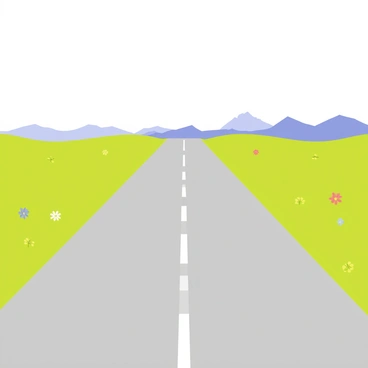 A long stretch of gray asphalt highway stretches across the image from the foreground to the horizon. The highway is flanked by lush green open fields on both sides, dotted with wildflowers in bright colors. In the background, distant mountains rise majestically, their peaks outlined against a clear blue sky. The scene conveys a sense of tranquility and openness, with no cars or people in sight, emphasizing the vastness of the landscape.