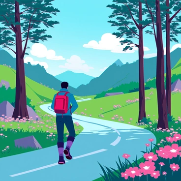 A winding road gently curves through the lush, green hills of Pahalgam. The hills are dotted with vibrant wildflowers in various colors, and tall trees sway in the gentle breeze. A lone traveler, dressed in a rugged jacket and sturdy boots, walks along the road, their backpack slung over one shoulder. The sky above is a bright blue, with a few fluffy white clouds scattered across it. Sunlight filters through the leaves, casting dappled shadows on the ground as the traveler continues on their journey.
