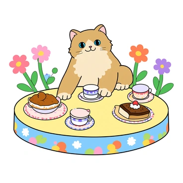 A fluffy ragdoll cat with striking blue eyes is sitting at a small round table, covered with a colorful tablecloth adorned with playful patterns. The cat has a relaxed posture, with its paws resting gently on the edge of the table. Surrounding the table are several tiny, intricately designed cups and saucers, each painted in bright pastel colors. The tea party features dishes of colorful pastries and cakes, arranged artfully on the table. In the background, cheerful flowers in vibrant hues add to the whimsical atmosphere. The scene is lively with a sense of joy and playfulness.