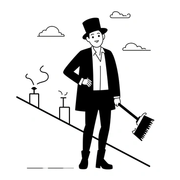 A traditional chimney sweep wearing a top hat and holding a brush, standing on a roof