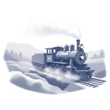 An old steam locomotive is moving powerfully through a misty landscape. The locomotive features a large, rounded boiler and prominent smokestack, releasing puffs of steam into the air. Surrounding the train, the landscape is shrouded in thin fog, with rolling hills and trees partially obscured by the mist. The ground appears uneven and rugged, adding to the sense of an untamed environment where traditional tracks are absent. The atmosphere conveys a sense of adventure and exploration, as the locomotive makes its way through the mysterious scenery.