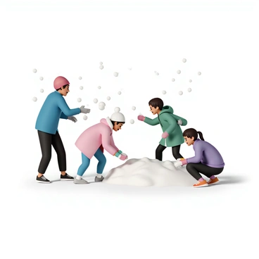 A group of four adolescents is engaged in a playful snowball fight on a snowy day. Two boys are on the left, one wearing a bright blue jacket, black pants, and a red hat, while the other wears a green coat and gray gloves. They are laughing and throwing snowballs at the two girls on the right. One girl is dressed in a pink winter jacket, a white beanie, and blue jeans, smiling as she ducks to avoid a snowball. The other girl is wearing a purple coat, black leggings, and colorful mittens, crouching behind a snowbank, preparing to throw a snowball back at the boys. Snow is falling gently around them, covering the ground in a thick layer, creating a vibrant winter scene.