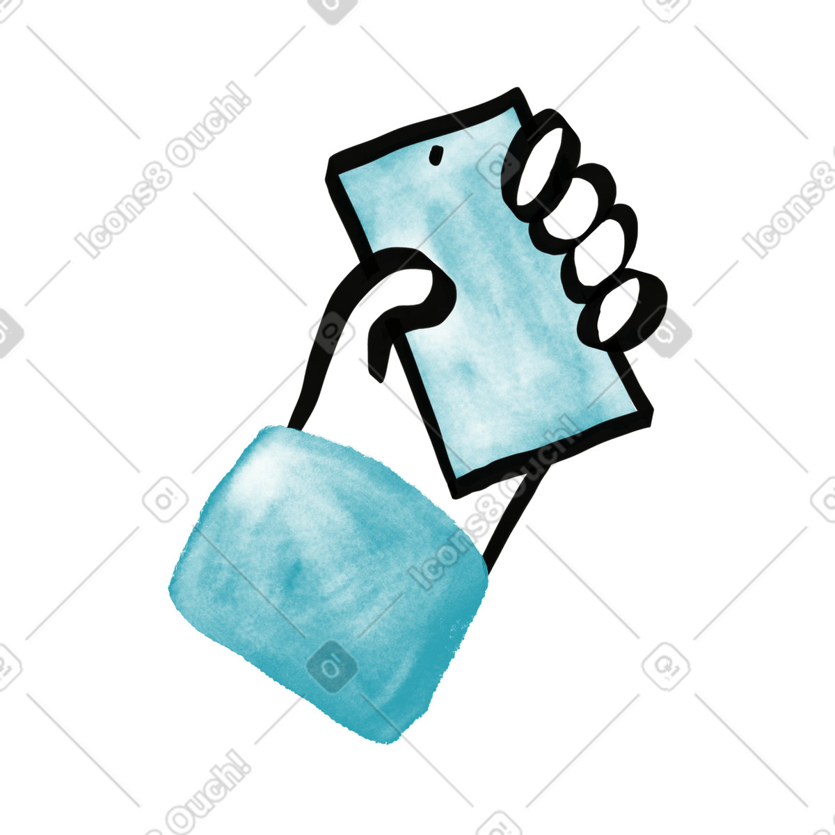 Illustration Smartphone held upright by hand wearing blue sleeve cuff dans le style Watercolor sketch à télécharger aux formats PNG, SVG