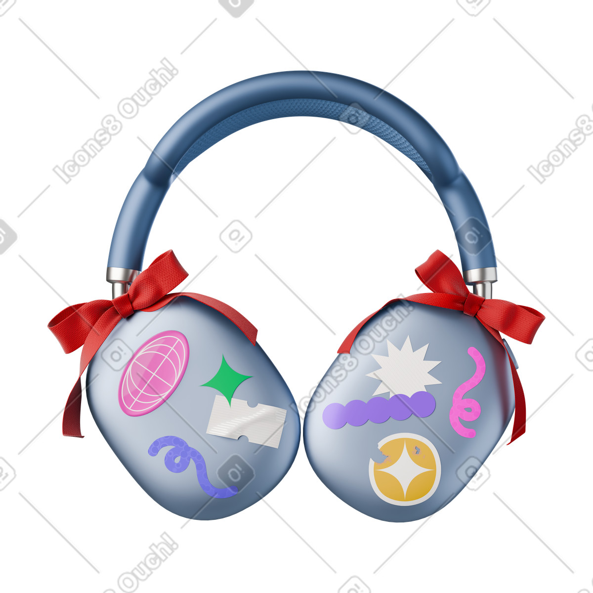 下载 3D Stickle 风格的 Front view of headphones with stickers 插画，支持 PNG、SVG 格式