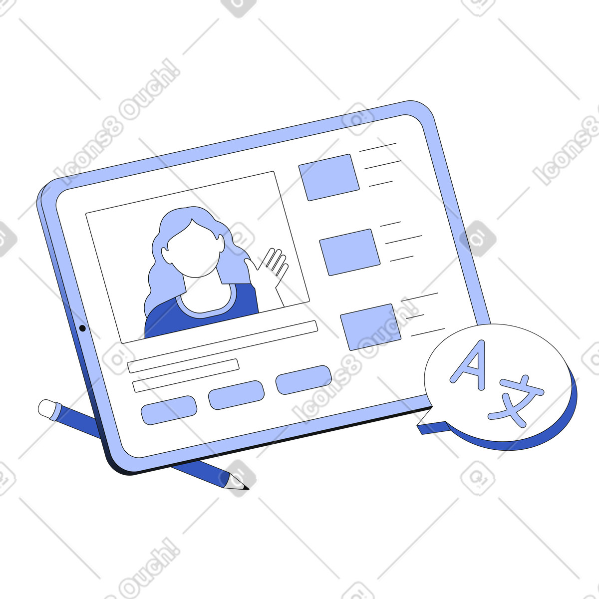 Language video lesson on tablet screen illustration in Techny style download in PNG, SVG